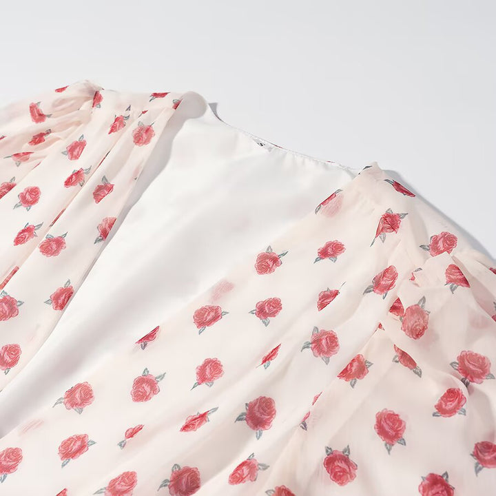 Damen Fließende Chiffonbluse mit floralem Print, tiefem V-Ausschnitt und Volantstufen Drune