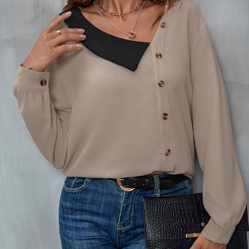 Damen Asymmetrische Hemdbluse mit kontrastiertem Kragen und dekorativer Knopfleiste Drune
