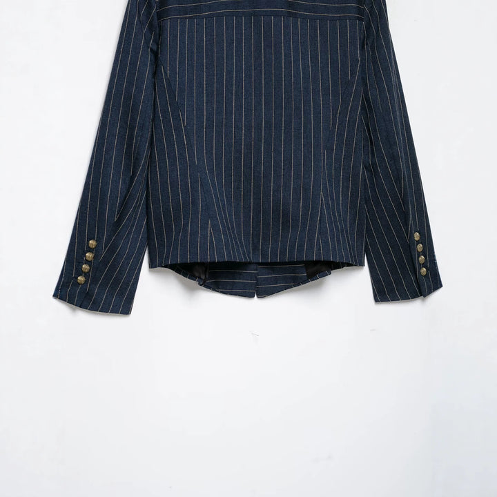 Damen Cropped-Blazer im Nadelstreifen mit doppelseitiger Zierknopfleiste und Schulterriegeln Drune