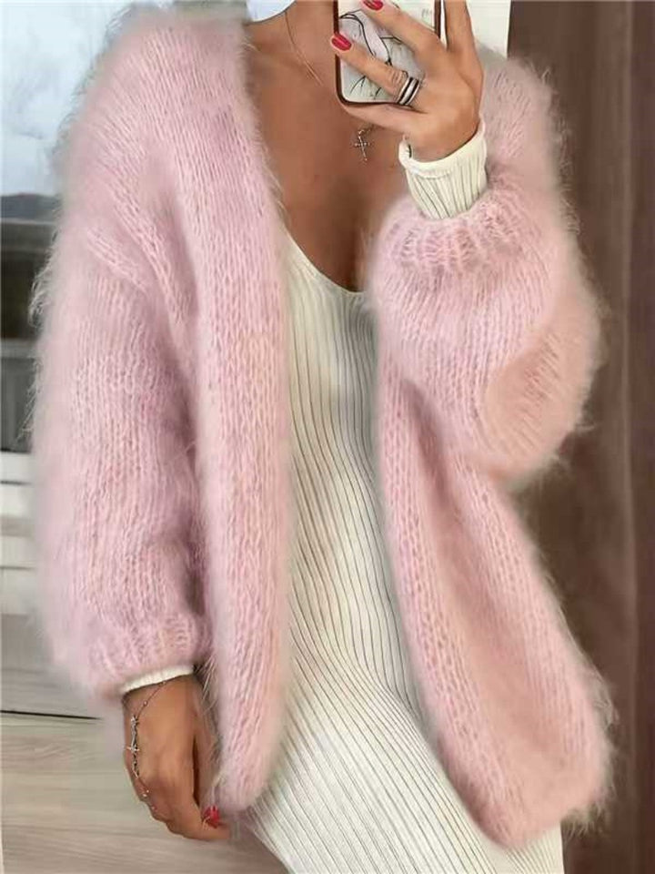 Damen Flauschiger Oversize Mohair-Optik Cardigan mit offenem Schnitt und Ballonärmeln Drune
