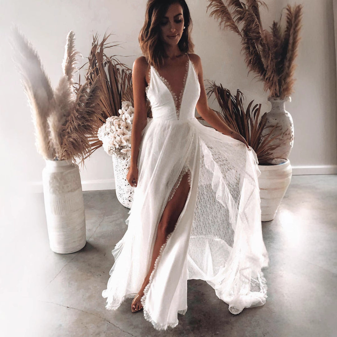 Damen Elegantes Spitzenkleid mit tiefem V-Ausschnitt und voluminösem Rock Drune