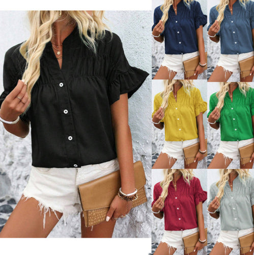 Damen Bluse mit Rüschenärmeln, Smok-Yoke und Stehkragen Drune