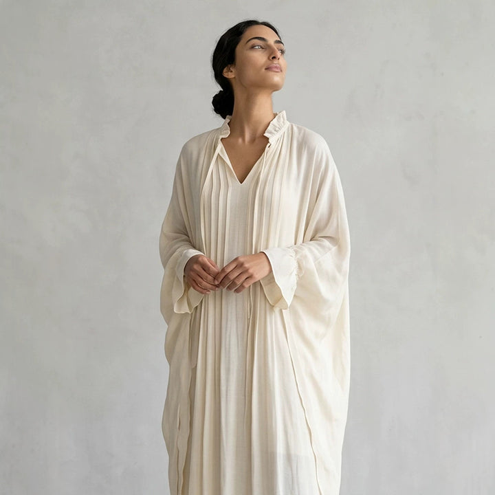 Damen Maxikleid im Kaftan-Stil mit Rüschenkragen, Bindebändern und voluminösen Ärmeln Drune