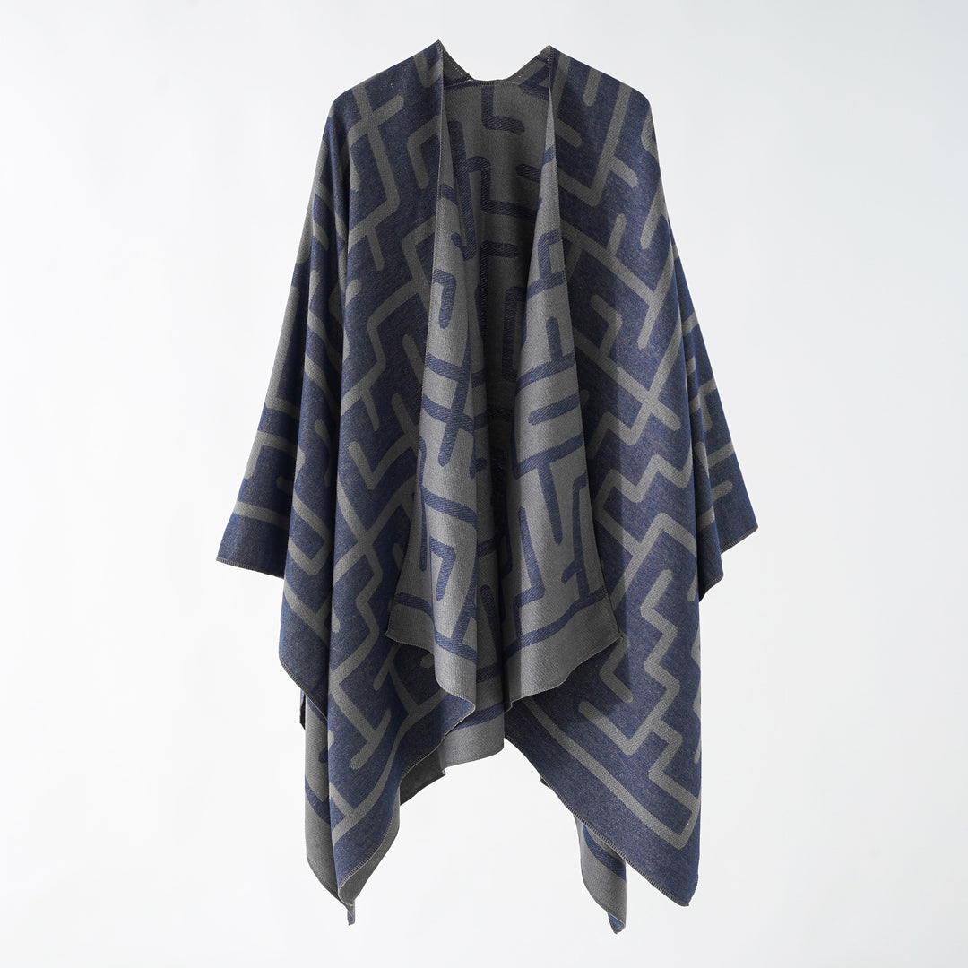 Damen Wendejacquard-Ruana mit grafischem Muster und asymmetrischem Saum Drune