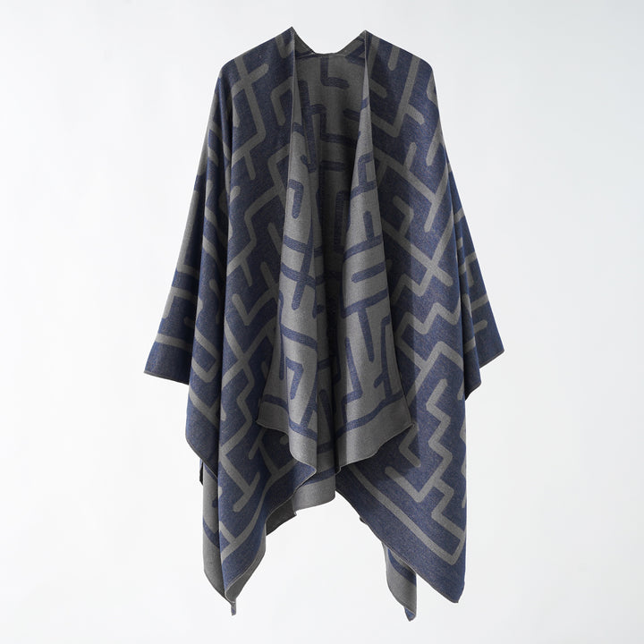 Damen Wendejacquard-Ruana mit grafischem Muster und asymmetrischem Saum Drune