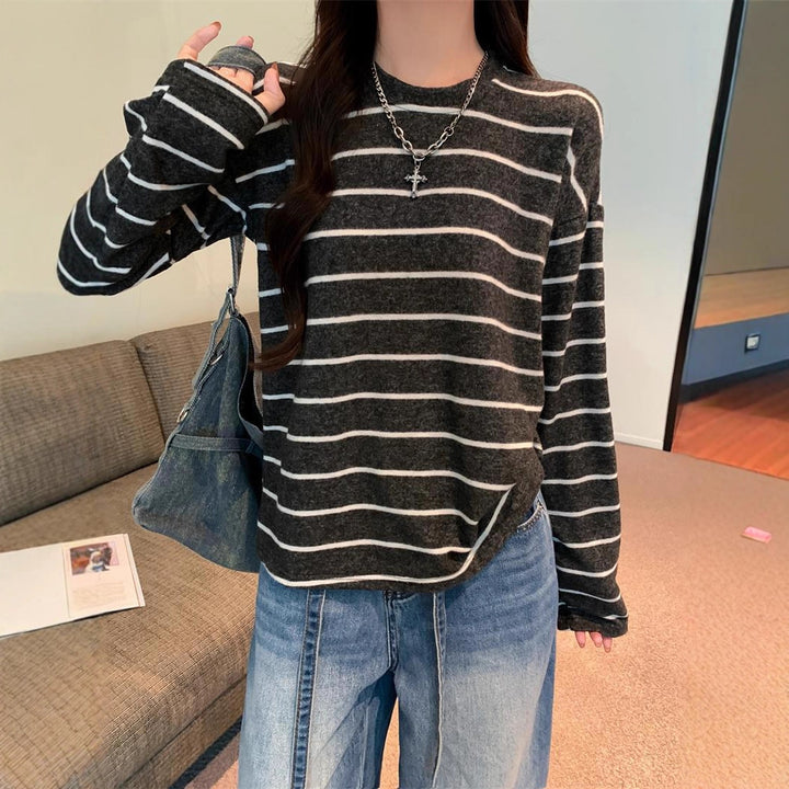 Damen lässiges Langarmshirt mit modischem Streifenlook Drune