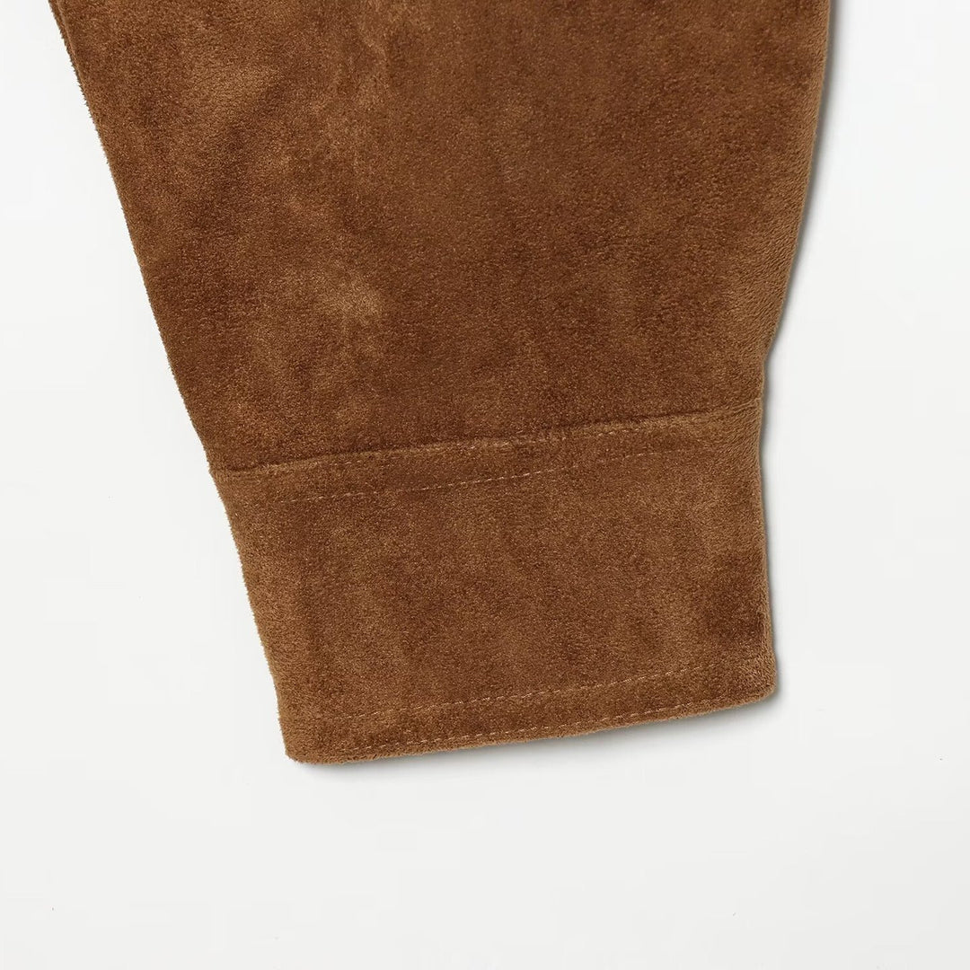 Damen Kurze Velours‑Suede‑Bomberjacke mit Stehkragen und verdeckter Knopfleiste Drune
