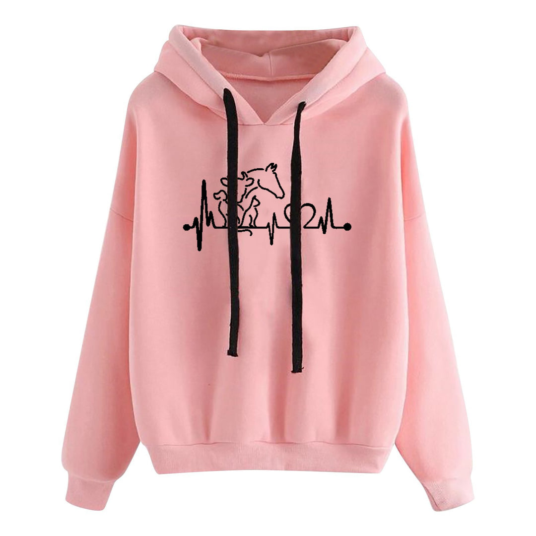 Damen nan leichter Oversize Kapuzenpullover mit Herz‑EKG‑Motiv, langen Kordeln und elastischem Bund Drune