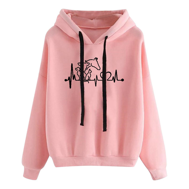 Damen nan leichter Oversize Kapuzenpullover mit Herz‑EKG‑Motiv, langen Kordeln und elastischem Bund Drune