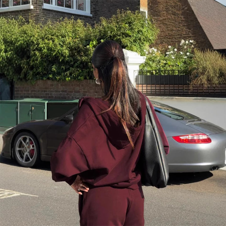 Damen gekürztes Kapuzen-Sweatshirt mit Oversize-Ärmeln und high-waist Wide-Leg Freizeithose Drune