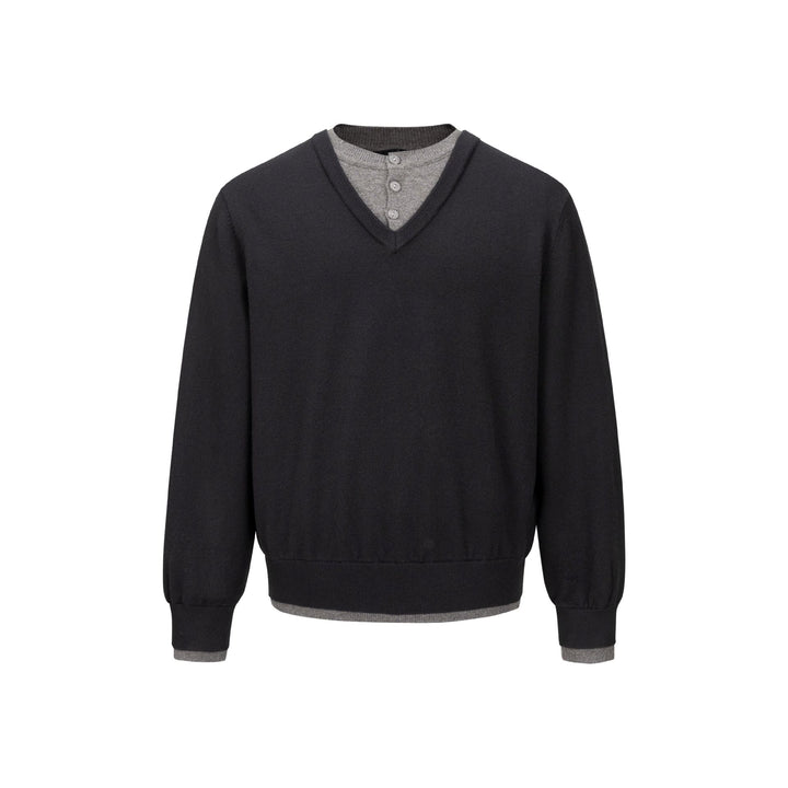 Herren V‑Neck Feinstrickpullover mit integriertem Henley‑Detail und elastischem Bund Drune