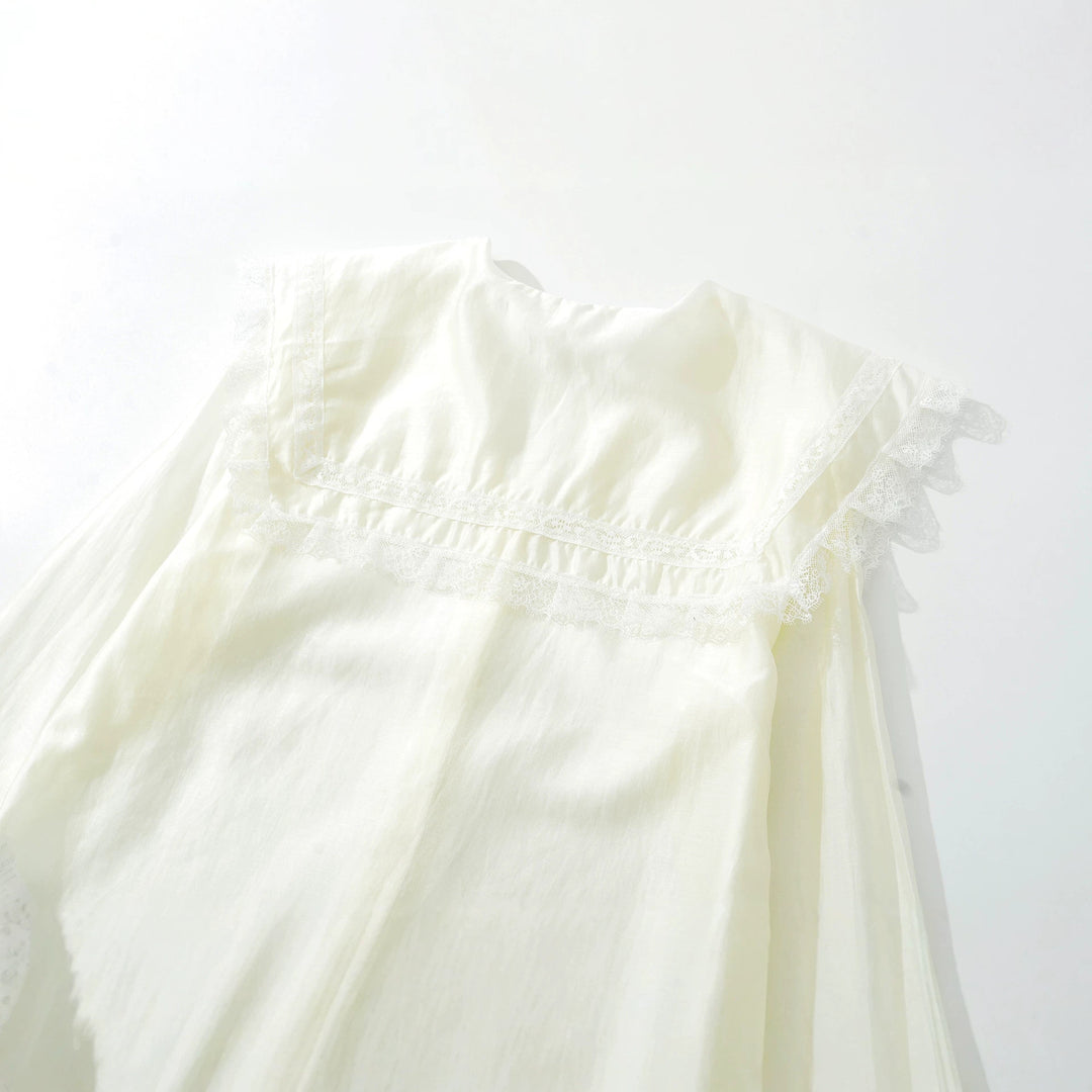 Damen Bluse mit großem Spitzenkragen und gestuften Trompetenärmeln Drune