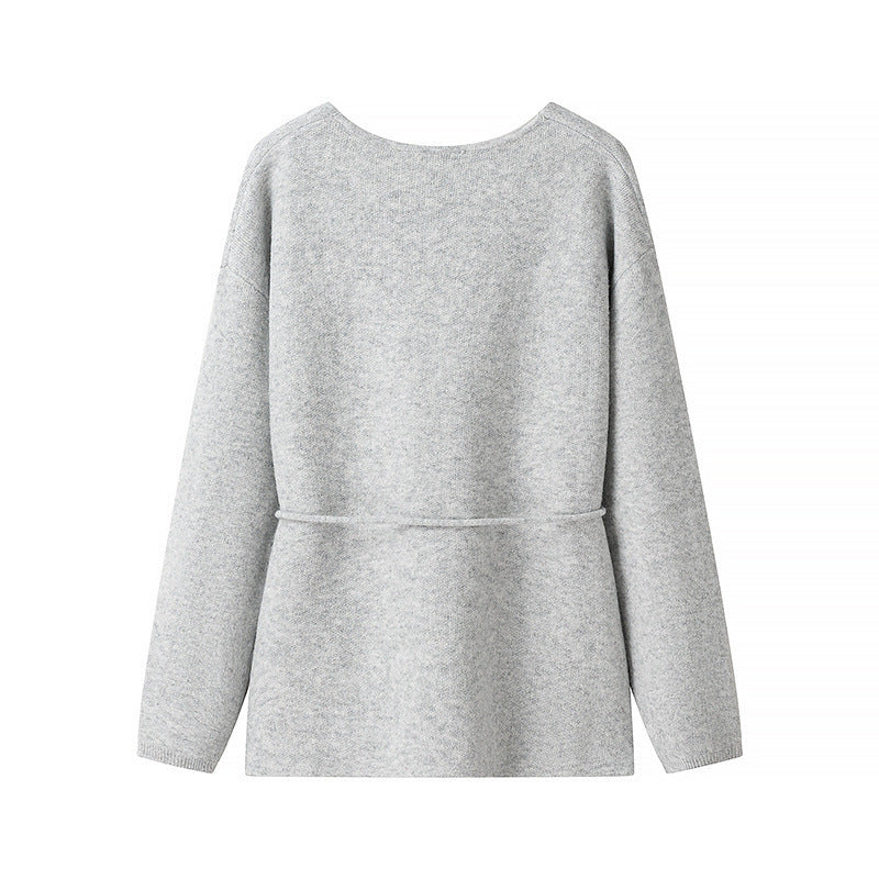 Damen Kuscheliger Strickcardigan mit tiefem V-Ausschnitt und Taillenkordel Drune