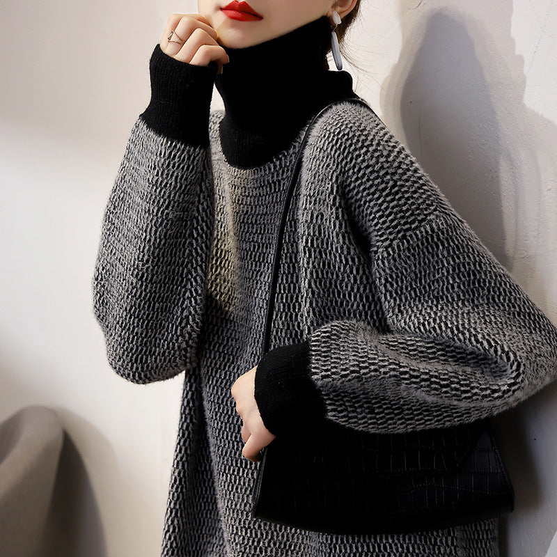 Damen Grobstrickpullover mit hohem Kragen und modischem Strukturmuster Drune