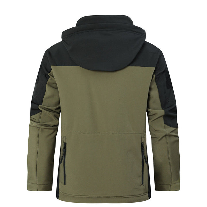Herren Softshell-Taktikjacke mit Kapuze, verstärkten Ärmeln und Mehrfach-Reißverschlusstaschen Drune