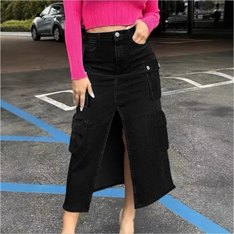 Damen Cargo-Jeans-Midirock mit Frontschlitz und aufgesetzten Cargotaschen Drune