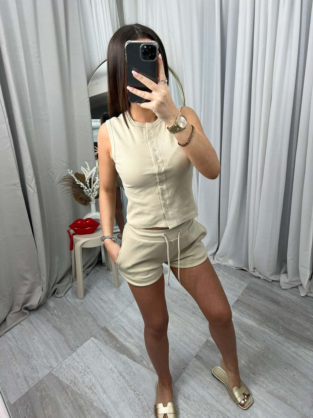 Damen lässiges Kurzoverall-Set mit Knopfverschluss und verstellbarem Taillenzug