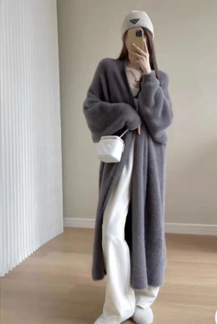 Damen Flauschiger Maxi Cardigan mit tiefem V-Ausschnitt und oversized Silhouette Drune