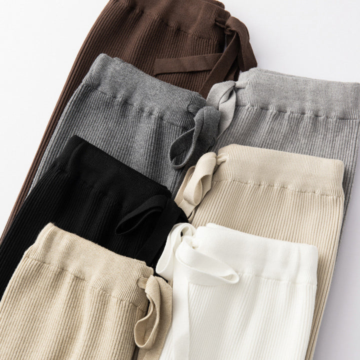 Damen Weite Rippstrick-Hose mit Tunnelzug und fließender Palazzo-Silhouette Drune