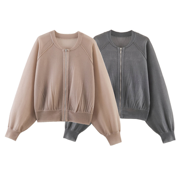 Damen Leichter Strick‑Bomber mit Reißverschluss, Ballonärmeln und gerafftem Saum Drune