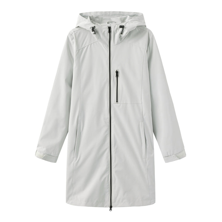Damen nan lange schlanke Funktionsregenjacke mit durchgehendem Reißverschluss Brustreißverschlusstasche und Klettmanschetten Drune