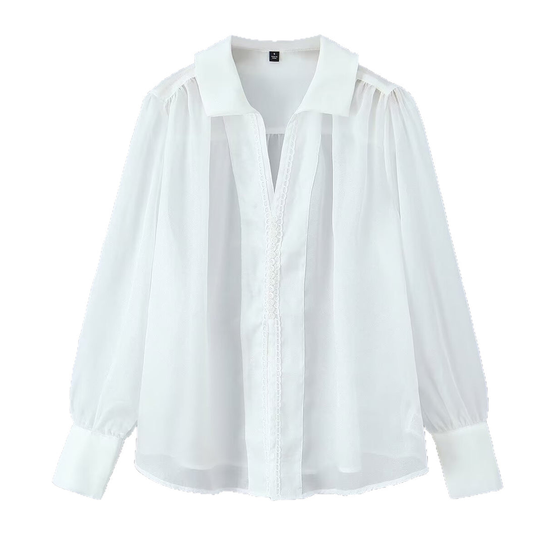 Damen Transparente Chiffon-Bluse mit Spitzenbesatz, Ballonärmeln und breiten Manschetten Drune