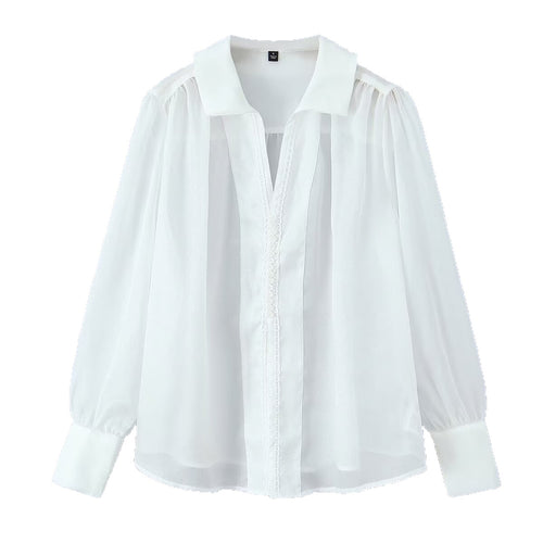 Damen Transparente Chiffon-Bluse mit Spitzenbesatz, Ballonärmeln und breiten Manschetten Drune