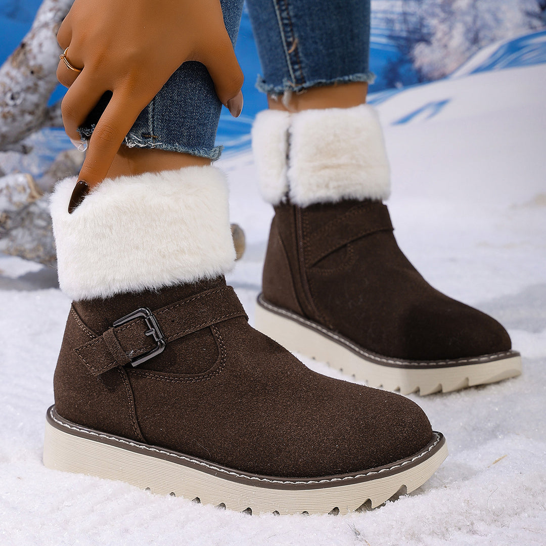 Damen Gefütterte Kurzstiefelette mit Kunstfellkragen, Velours‑Optik und Zierschnalle Drune