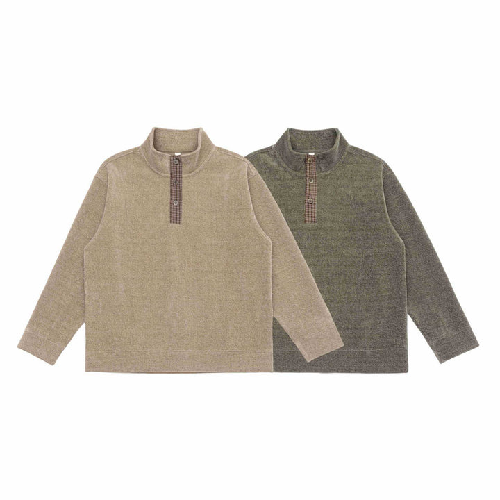 Unisex Feinstruktur-Halfzip-Pullover mit Stehkragen und karierter Knopfleiste Drune