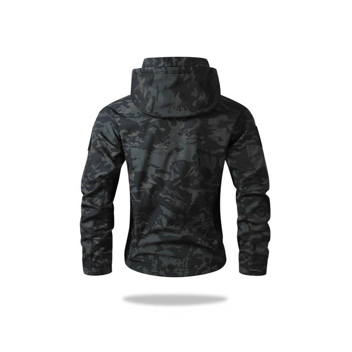 Herren Taktische Softshelljacke mit Kapuze, Camouflage‑Design und Multifachtaschen Drune