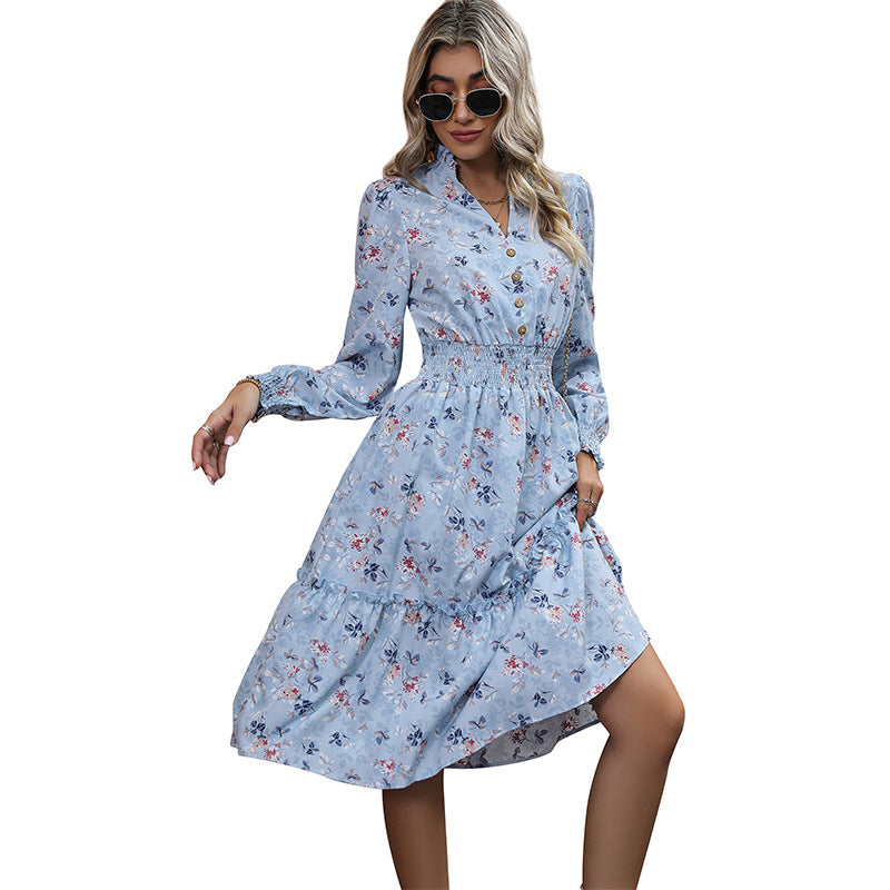 Damen Floral Midi-Kleid mit Taillierung und Puffärmeln Drune