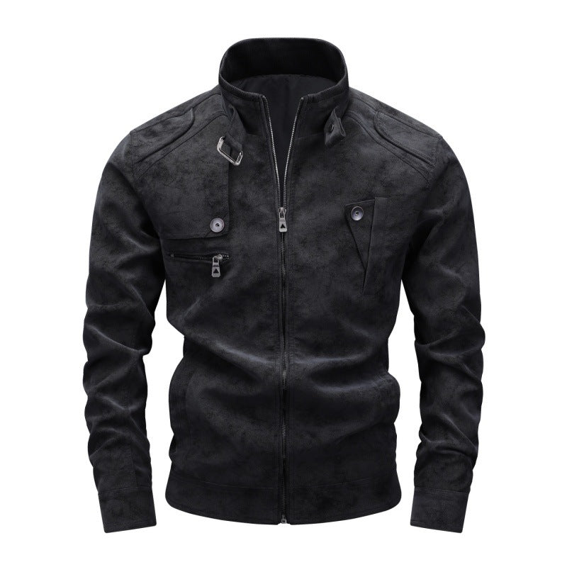 Herren Vintage-Utility Lederimitatjacke mit Stehkragen und mehreren Taschen Drune