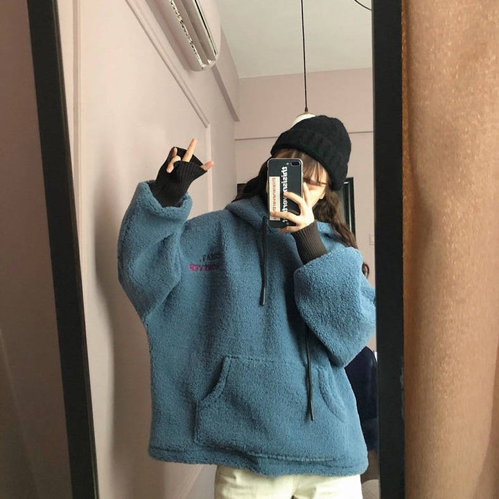 Damen kuscheliger Kapuzenpullover im Oversized-Stil mit vorderer Kängurutasche und elastischen Bündchen Drune