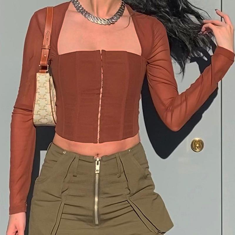 Damen Cropped Oberteil mit transparenten Ärmeln und strukturiertem Schnitt Drune