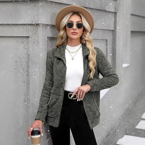 Damen nan kuschelige Teddy-Fleecejacke mit durchgehendem Reißverschluss, Stehkragen und seitlichen Eingrifftaschen Drune