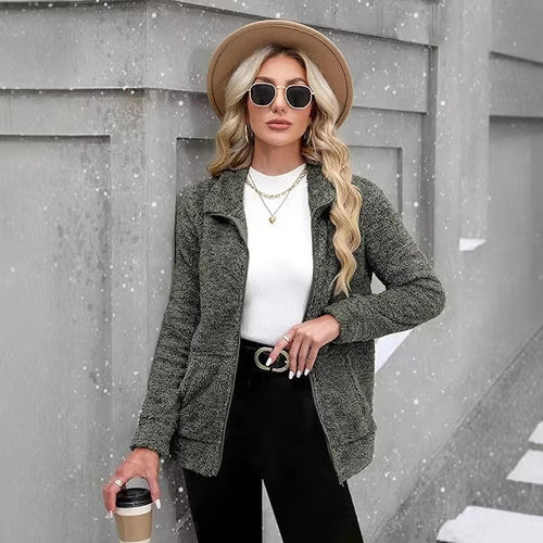 Damen nan kuschelige Teddy-Fleecejacke mit durchgehendem Reißverschluss, Stehkragen und seitlichen Eingrifftaschen Drune