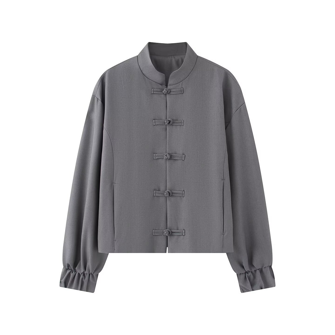 Damen Kurze Boxy‑Jacke mit Stehkragen und Knotenverschluss-Details Drune
