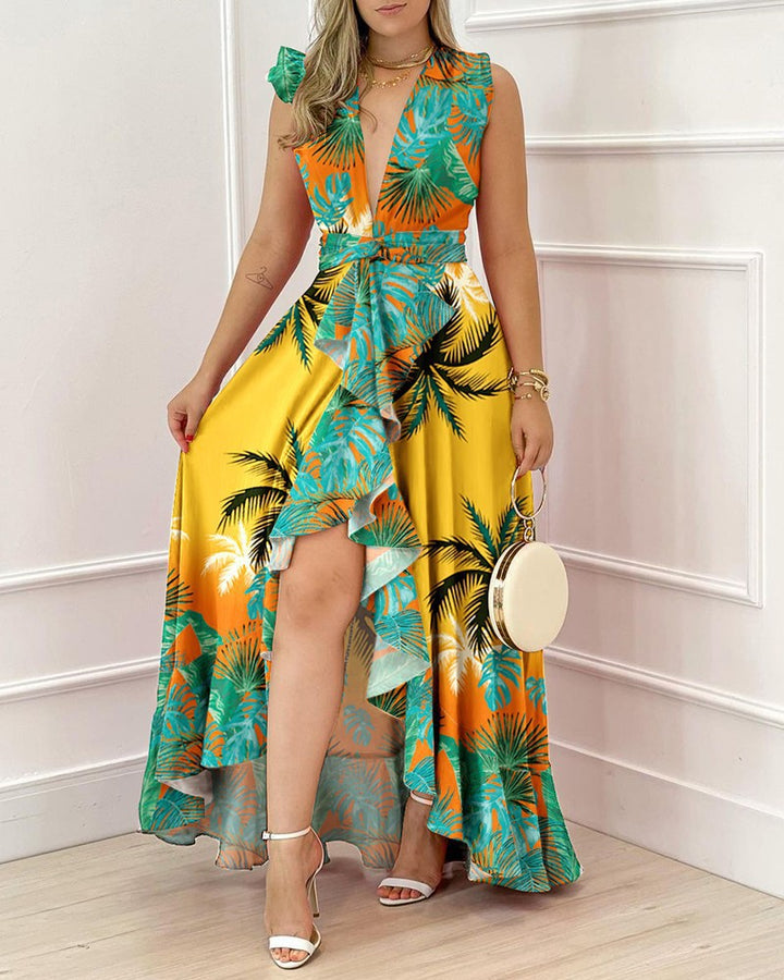 Damen Maxi-Kleid mit tiefem V-Ausschnitt und asymmetrischem Rock Drune