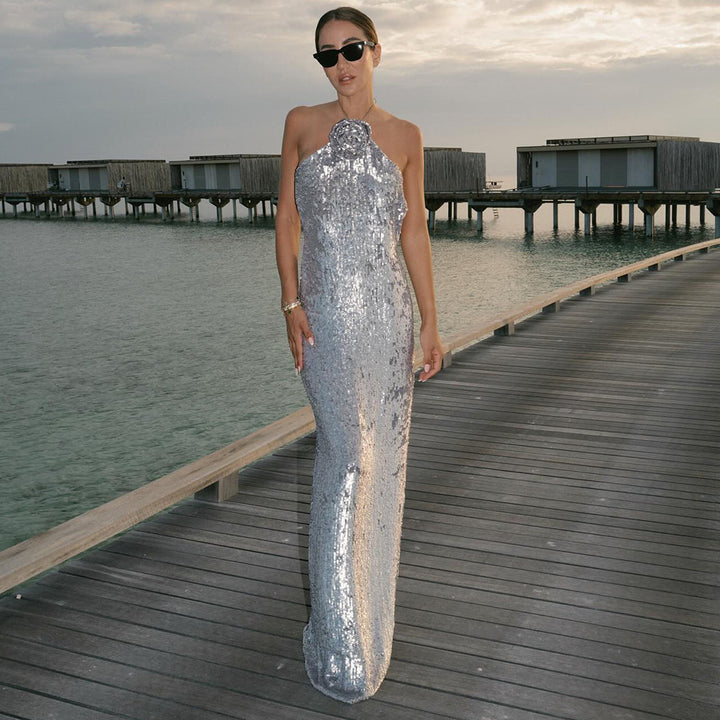 Damen glamouröses Pailletten-Maxikleid mit elegantem Stehkragen Drune