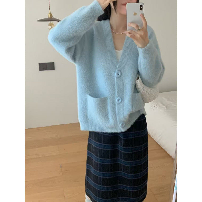 Damen Flauschiger Knopf-Cardigan mit eleganten Taschen Drune