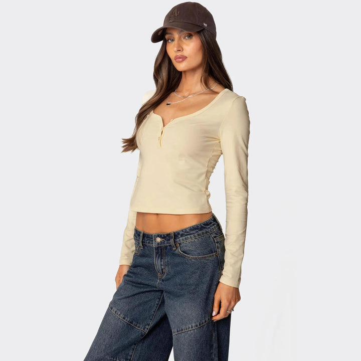 Damen Cropped Langarmhemd mit Knopfleiste und weichem Stoff Drune