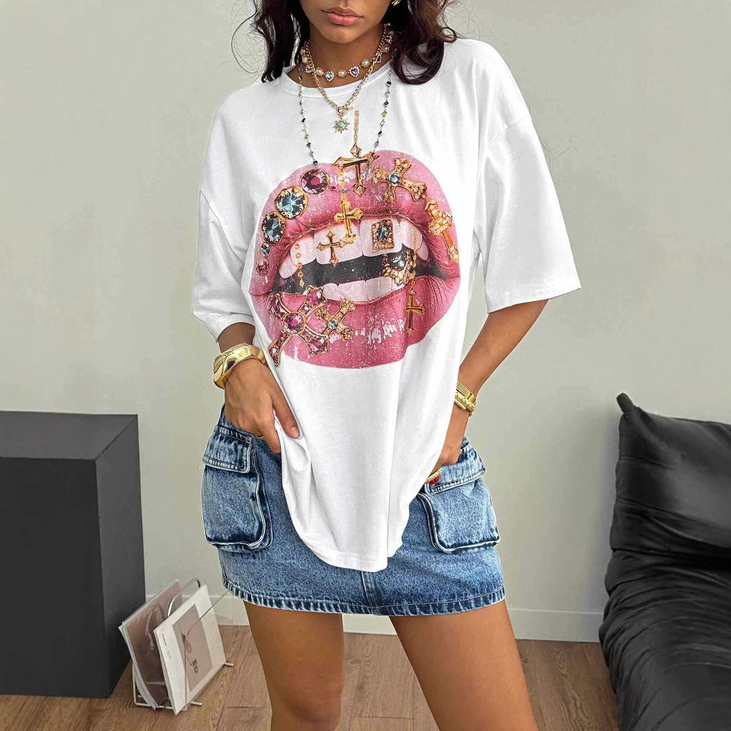 Damen Oversized T-Shirt mit kreativem Lippen- und Schmuckdesign Drune