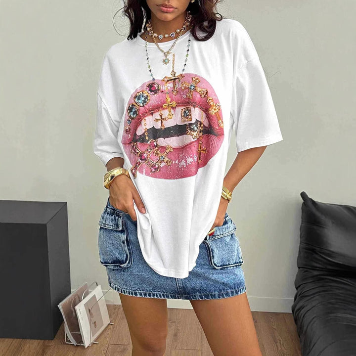 Damen Oversized T-Shirt mit kreativem Lippen- und Schmuckdesign Drune