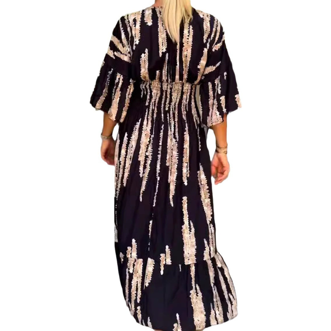 Damen nan Maxikleid mit V-Ausschnitt, vertikalem Pinselprint, geraffter Unterbrustnaht und stufigem Volantrock Drune