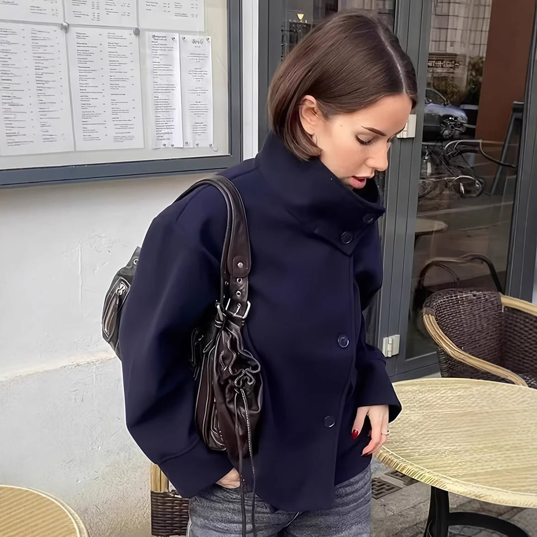 Damen Kurze Boxy-Wollmix-Jacke mit Stehkragen und aufgesetzten Pattentaschen Drune
