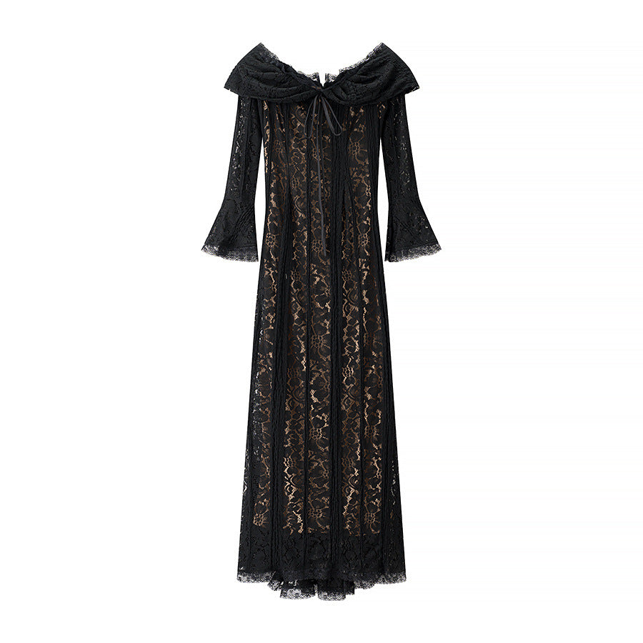 Damen nan Spitzenmaxikleid mit Carmen-Ausschnitt, durchscheinender Spitze, figurumspielender Innenlage und Glockenärmeln Drune