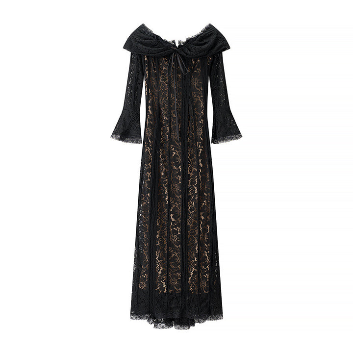 Damen nan Spitzenmaxikleid mit Carmen-Ausschnitt, durchscheinender Spitze, figurumspielender Innenlage und Glockenärmeln Drune