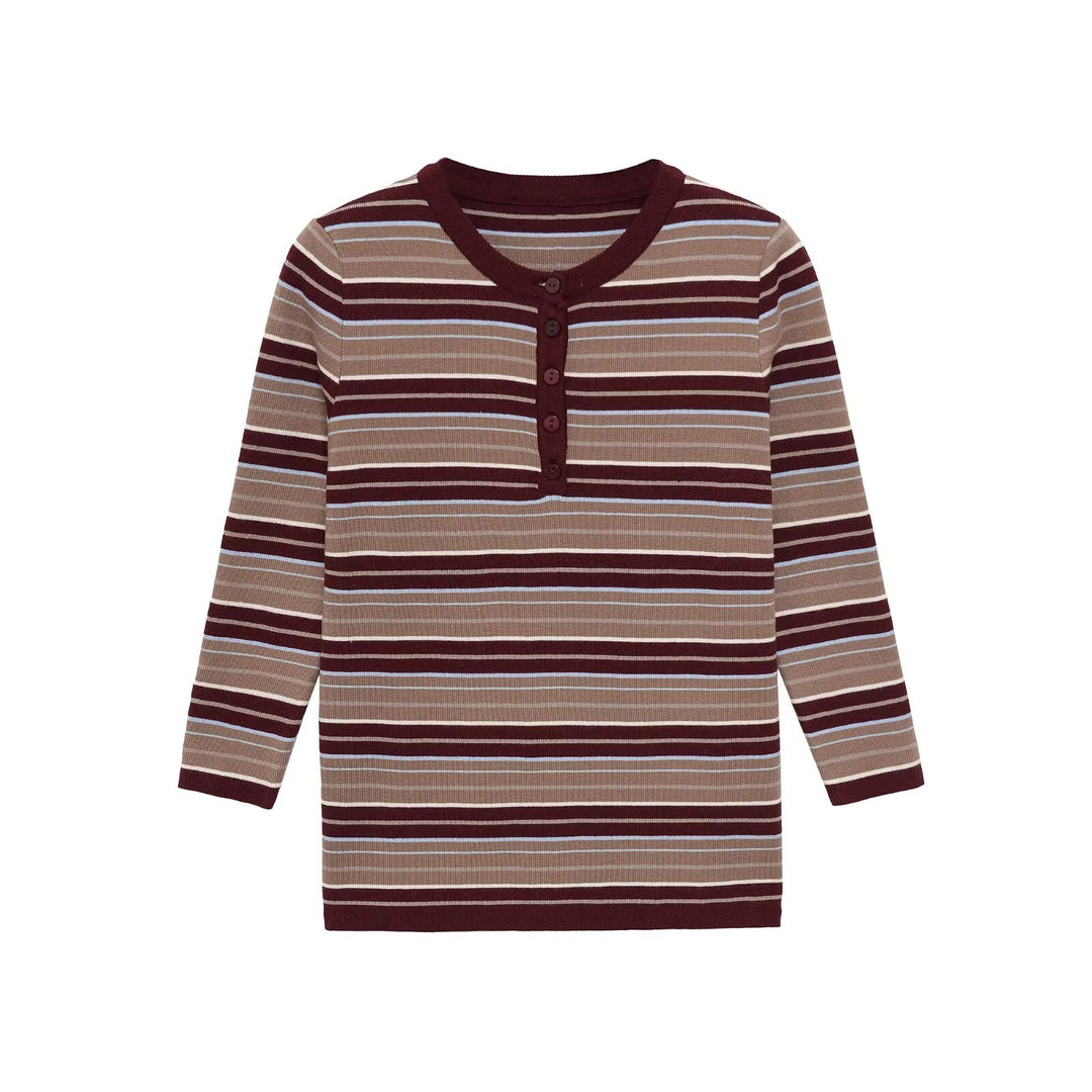 Damen Gestreiftes Rippstrick-Henleyshirt mit Knopfleiste und schmaler Passform Drune