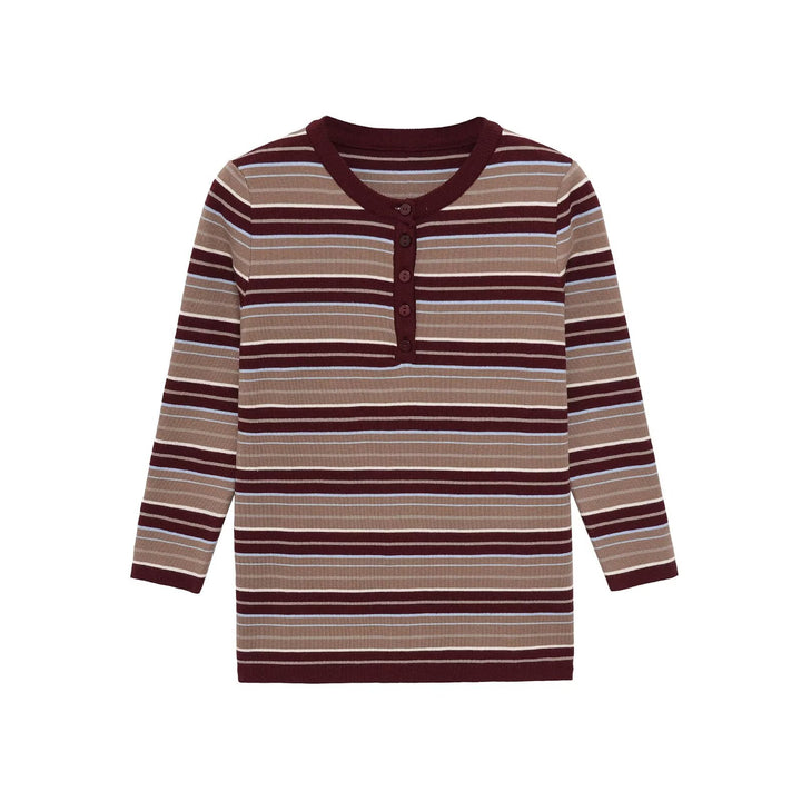 Damen Gestreiftes Rippstrick-Henleyshirt mit Knopfleiste und schmaler Passform Drune
