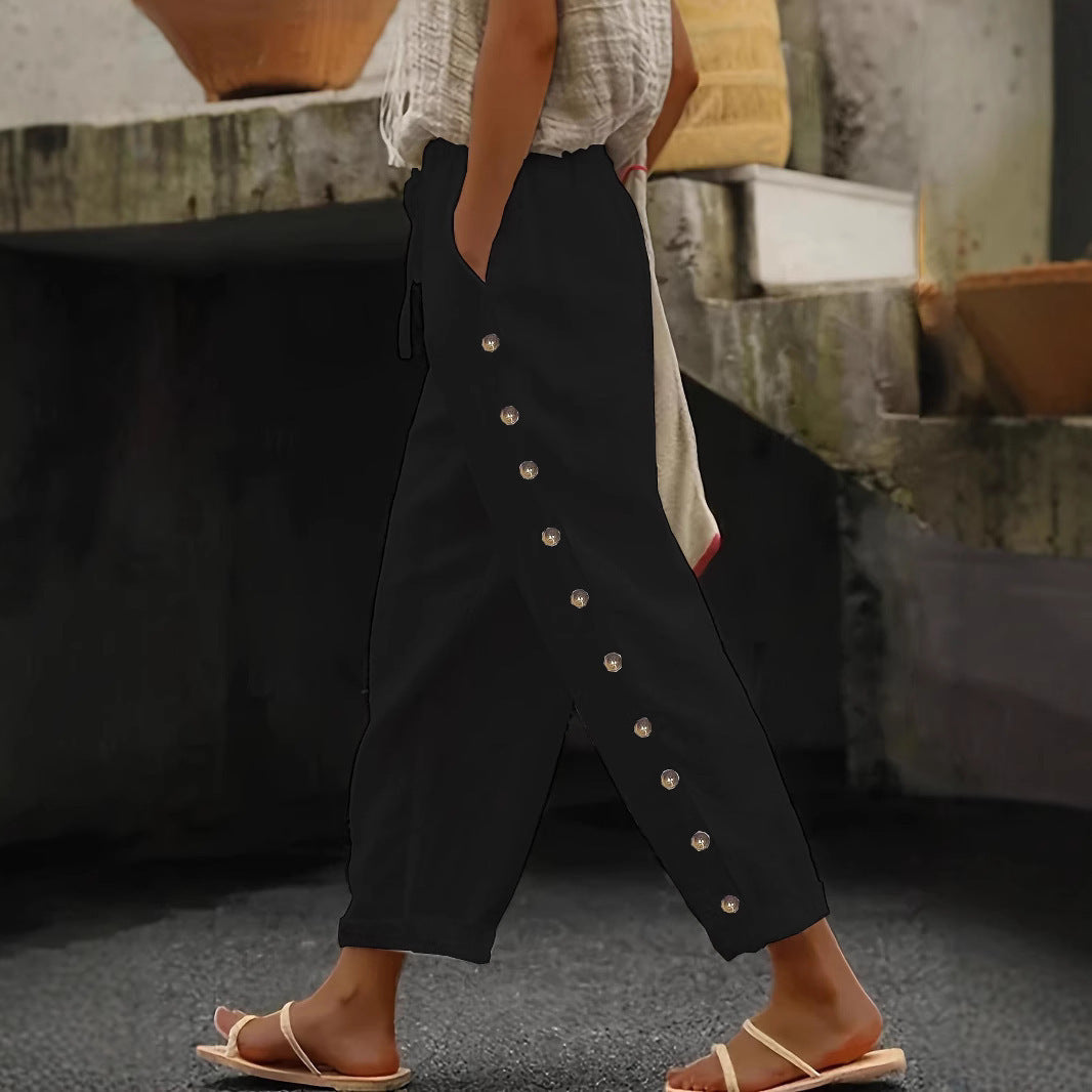 Damen Leichte Leinenhose mit hoher Taille, Kordelzug und seitlicher Druckknopf-Detailierung Drune